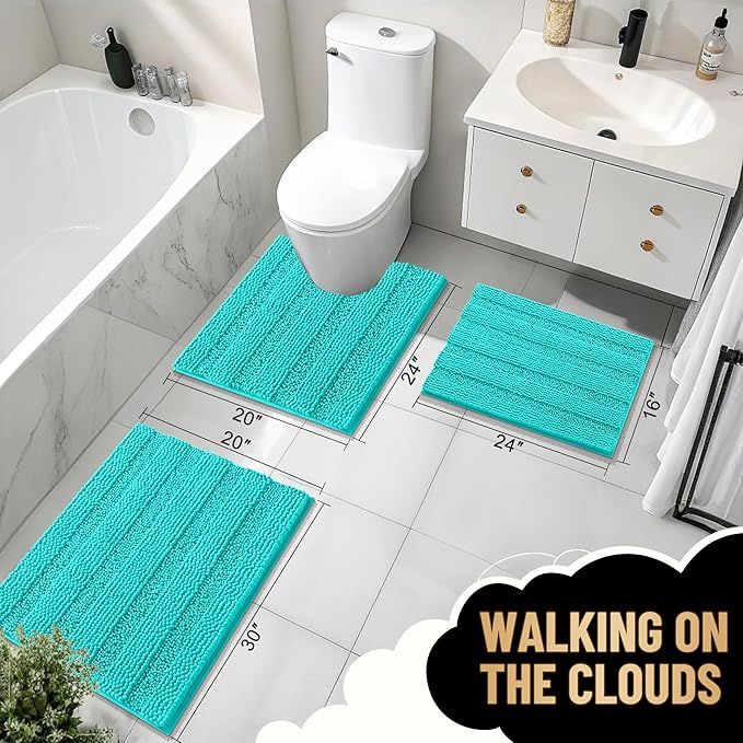 OLANLY Thick Bathroom Rugs 24x16, Extra Soft Absorbent Chenille Striped Bath Rugs, Rubber Backing, Machine Wash Dry, Bath Mats for Bathroom Floor, Tub and Shower, Home Decor Accessories, Teal