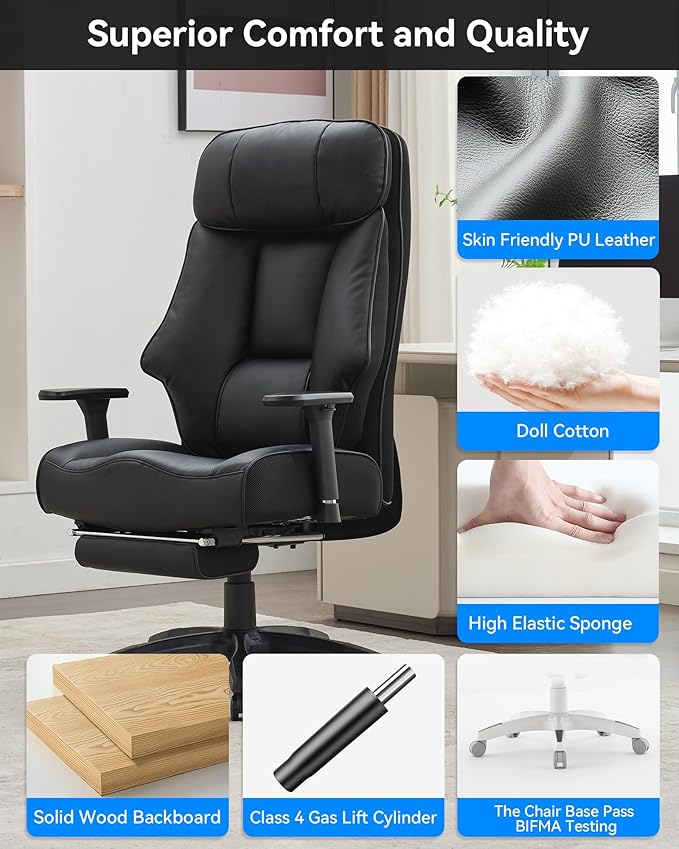 DJ·Wang Big and Tall Office Chair 400lbs with Foot Rest, High Back Executive Office Chair with Extra-Thick Spring Cushion, Ergonomic Leather Chairs Black