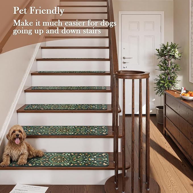 OJIA Black Stair Treads for Wooden Steps Indoor Stair Runners 15PCS 30"x8" Non Slip Stair Treads, Rubber Backed Insect Print Stair Mat Carpet Treads for Kids & Dogs, Stair Covers