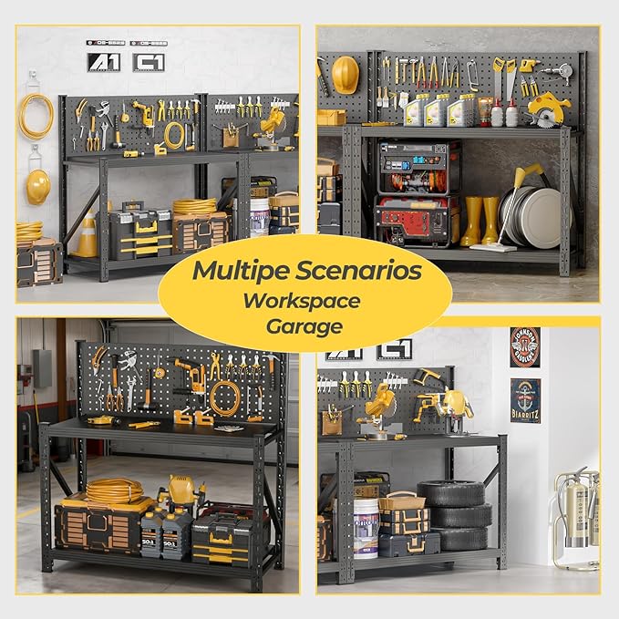 2 Sets Storage Shelves with Pegboard,Heavy Duty Garage Shelving Units and Storage,Metal Shelving Adjustable Shelves,Garage Storage Rack,Industrial Utility Shelf 47.2" H*47.09" W*19" D