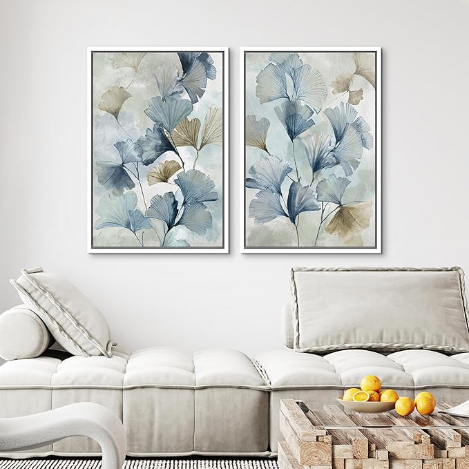 MUDECOR Framed Canvas Print Wall Art Blue Ginkgo Flower Illustrations Modern Art Decorative Bohemian Colorful Chic for Living Room, Bedroom, Office - 16"x24"x2 White