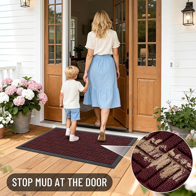 OLANLY Front Door Mat Outside Entrance 35x23, Absorbent, Heavy Duty Sturdy Natural Rubber Doormat Indoor Outdoor, Non-Slip, Stain and Fade Resistant, Low Profile Floor Mat for Entryway, Burgundy