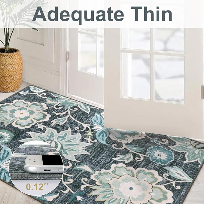 Beeiva Floral Area Rug for Bedroom, 4x6 Rug Paisley Vintage Blue Rug for Bedroom Ultra Thin Living Room Area Rug, Non Slip Machine Washable Area Rugs for Entryway Bathroom