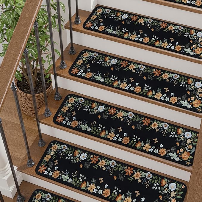 OJIA Floral Stair Treads Non-Slip Carpet Stair Treads for Wooden Steps Indoor 15PCS 30"x8" Stair Runner Stair Mats Staircase Step Treads for Kids, Elders and Dogs, Stair Covers, Black