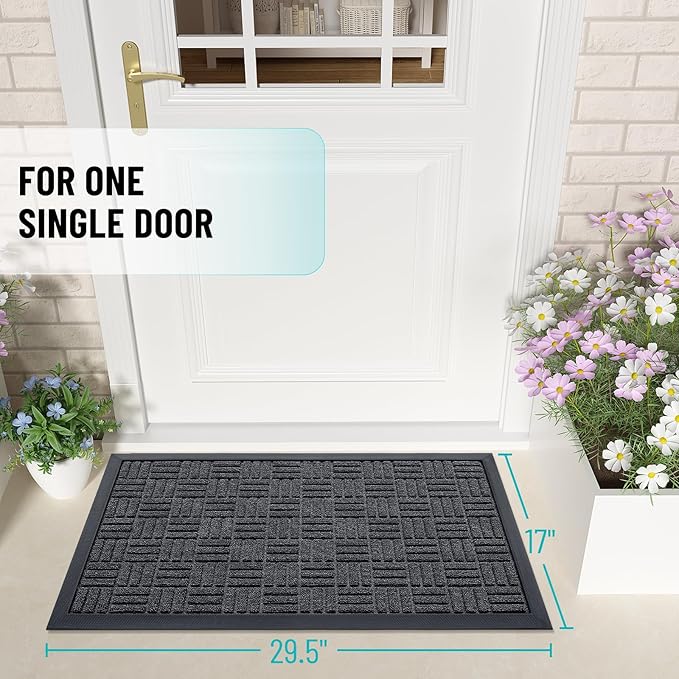 OLANLY Front Door Mat Outside Entrance 29.5x17, Absorbent, Heavy Duty Sturdy Natural Rubber Doormat Indoor Outdoor, Non-Slip, Stain and Fade Resistant, Low Profile Floor Mat for Entryway, Black Gray