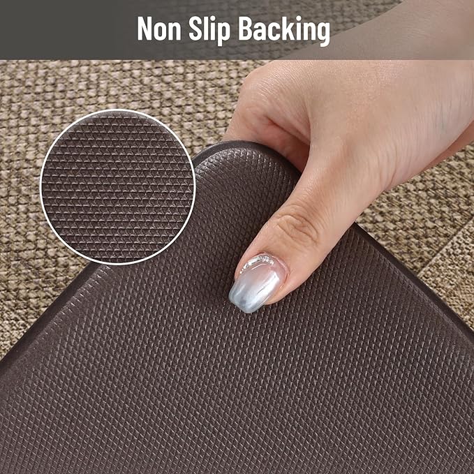 KIMODE Anti Fatigue Kitchen Mats 17"x47"+17"x29", Farmhouse Kitchen Rugs Sets of 2, Non Slip Kitchen Mats for Floor, Cushioned Comfort Standing Mats for Sink Laundry Office Desk Grey/Brown