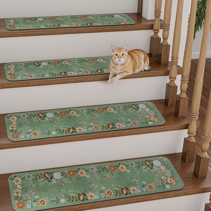 OJIA Floral Stair Treads Non-Slip Stair Runners for Wooden Steps Indoor 15PCS 30"x8" Stair Mats Staircase Step Treads for Kids, Elders and Dogs, Stair Covers, Green
