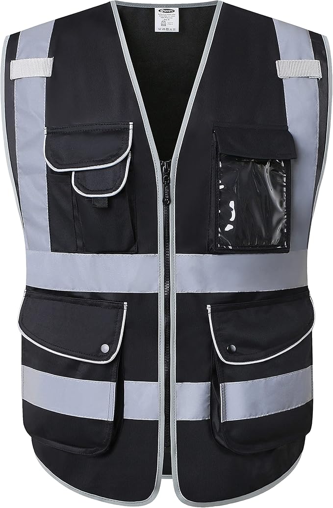 JKSafety 9 Multi-Functional Pockets Zipper Front Safety Vest With Reflective Strips Meet ANSI/ISEA Standards (150-Black, Large)