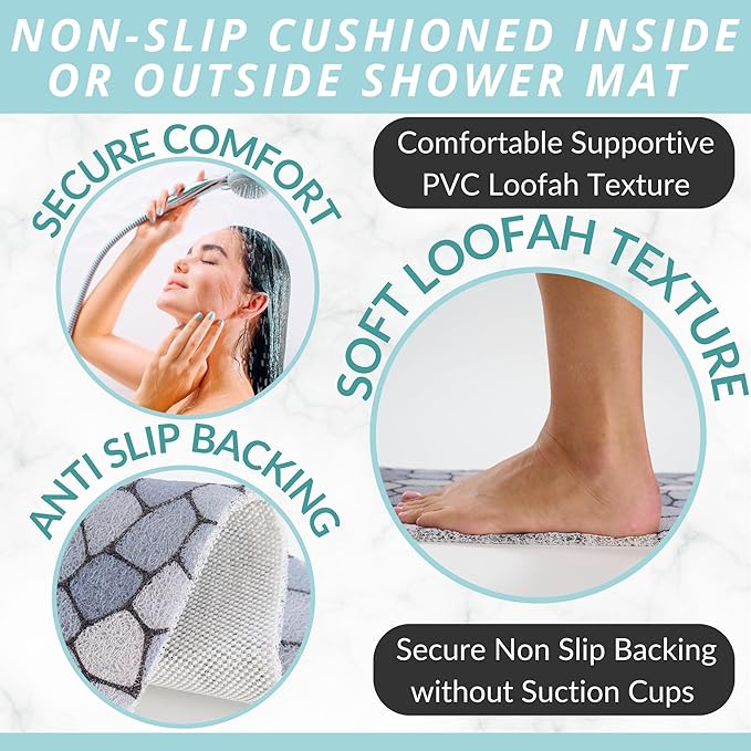 Enkosi Loofah Non-Slip Shower Mat - Shower Floors, Bathtub, Bathrooms, Wet Areas - Cushioned Bath Mat with Drain Holes - Quick Dry PVC, Secure Safety Pad Without Suction Cups (32x24 Pebble Blue)