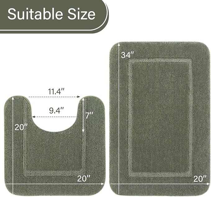 LOCHAS Bathroom Rug Set Sage Green, Soft Bath Rug Set 2 Piece Set, Toilet Mat U-Shaped 20x20 and 34x20 Bath Rugs, Quickly Dry Mats for Bathroom, Tub, Washable, Super Absorbent Floor Mat