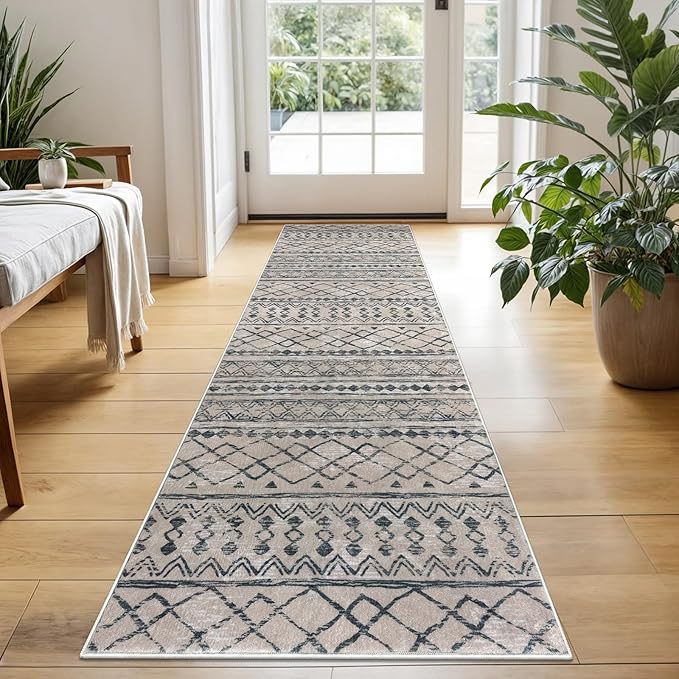KUTA Boho Kitchen Runner 2x5 Brown Black Moroccan Washable Rug Non-Slip Vintage Hallway Runners Ultra Soft Distressed Geometric Floor Carpet for Bedroom Laundry Living Room