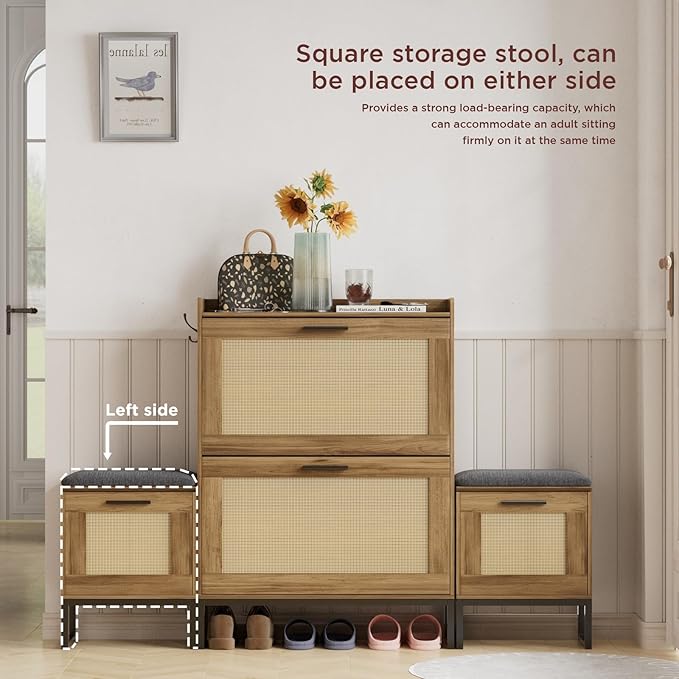 Maupvit Shoe Storage Cabinet with Bench,Rattan Entryway Shoe Storage Bench with 2 Flip Drawers and Hanging Hooks,Narrow Slim Shoe Cabinet for Entryway,Living Room,Hallway,Rustic Oak