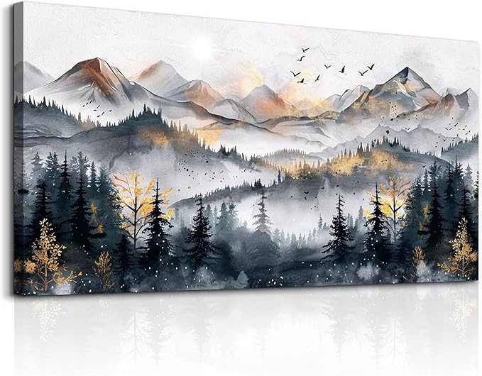 KELIYUAN Abstract Wall Decor For Bedroom Canvas Wall Art For Living Room Office Decoration Ink Mountain Landscapes Painting Misty Forest Wall Artwork Ready To Hang Room Home Decor 20"x40"