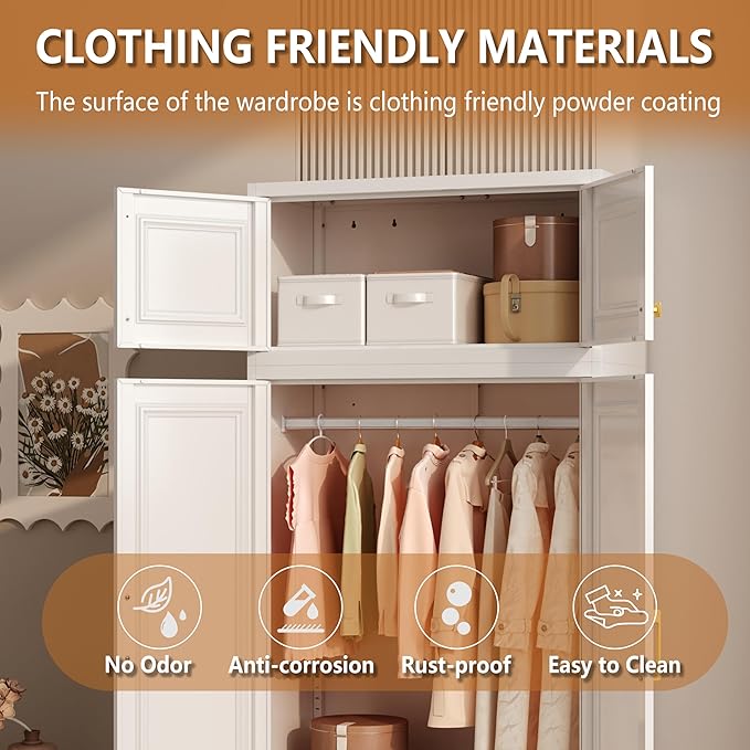Metal Wardrobe Armoire with Three Drawers, 86“ Tall Wardrobe Closet with Hanging Rod, Freestanding Storage Closet with Doors and Shelves for Bedroom, White, Assemble Required