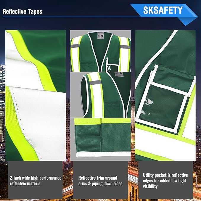 SKSAFETY 10 Pockets Safety Vest, Class 2 High Visibility Security with Zipper, Hi Vis Vest with Reflective Strips, ANSI/ISEA Standard, Construction Work Vest for Men ＆ Women （Green,3XL）