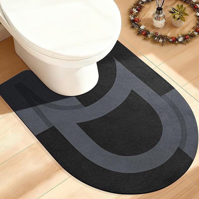 ACCUMTEK Toilet Rugs, Ultra Thin Absorbent Contour Bathroom Rugs for Toilet, Dry Quickly, Machine Washable, Upgrade Backing Non-Slip Bath Mat, Black/Bordered/U-Shaped 24"x20"