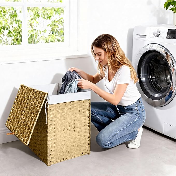 Woven Rattan Laundry Hamper with Lid & Handles,130L Foldable Laundry Basket Includes Machine Washable Removable Liner with 2 Compartments for Storage Basket for Bedroom, Bathroom (Yellow)