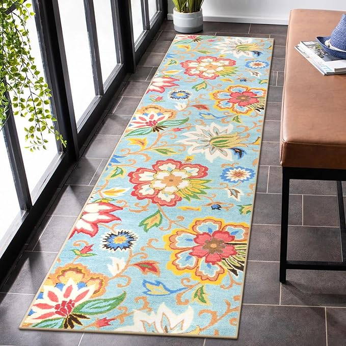 Beeiva Washable Kitchen 2x8 Runner Rug, Colorful Flower Rug Runners for Hallways with Rubber Backing, Floral Plant Non Skid Ultra Thin Carpet for Bathroom(Colorful,2'x8')