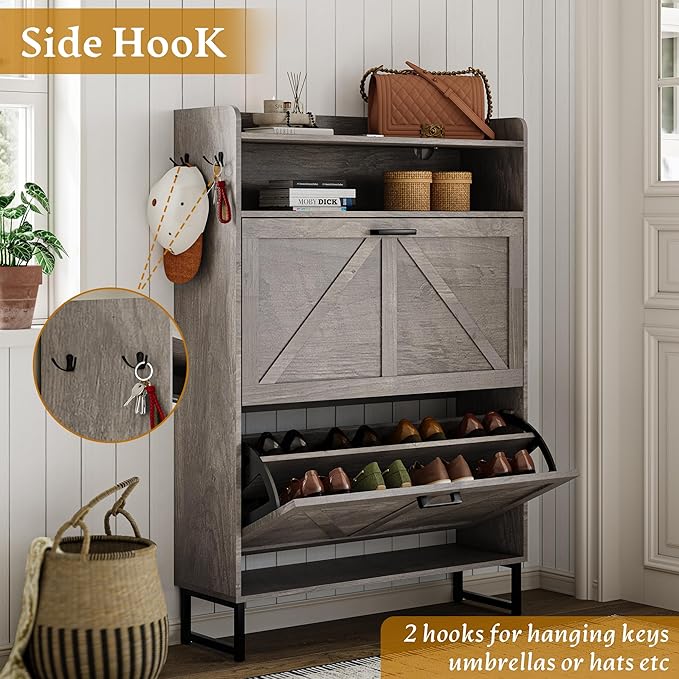 Shoe Cabinet with 2 Flip Drawers, 45" Freestanding Narrow Wood Shoe Storage Cabinet with Metal Legs and Hooks, Slim Shoe Rack Organizer for Entryway, Hallway, Grey