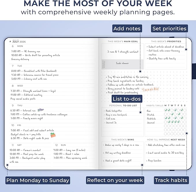Clever Fox Dated Planner Premium 2026 – Weekly Agenda for Planning & Time Management –Notebook with Habit Tracker & To-do List (Navy Blue)