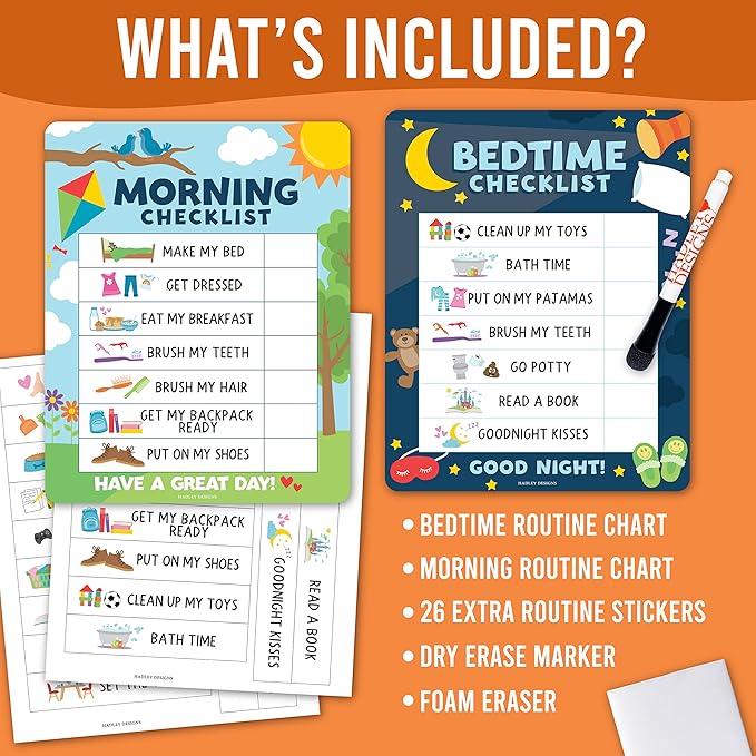Magnetic Morning & Bedtime Routine Chart for Kids - Customizable Toddler Daily Schedule Board with Dry Erase Surface, Stickers & Marker, Build Habits with Visual Checklists, Colorful Doodle Theme