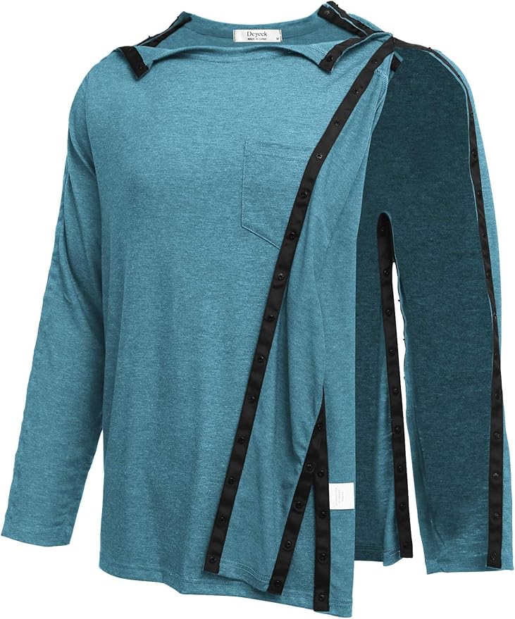 Deyeek Men's Post Shoulder Surgery Recovery Shirts Full Tear Away Long Sleeve Snap Chemo Port Access Shirt