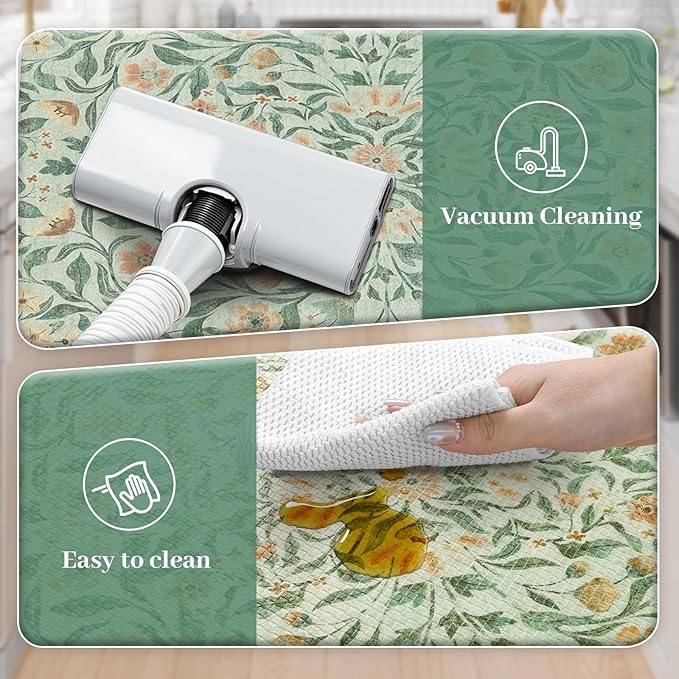 KIMODE Kitchen Mats Cushioned Anti Fatigue 20"x39", Green Floral Kitchen Mats for Floor, Padded Kitchen Floor Mats Non Slip, Standing Mat for Laundry Office Sink Desk