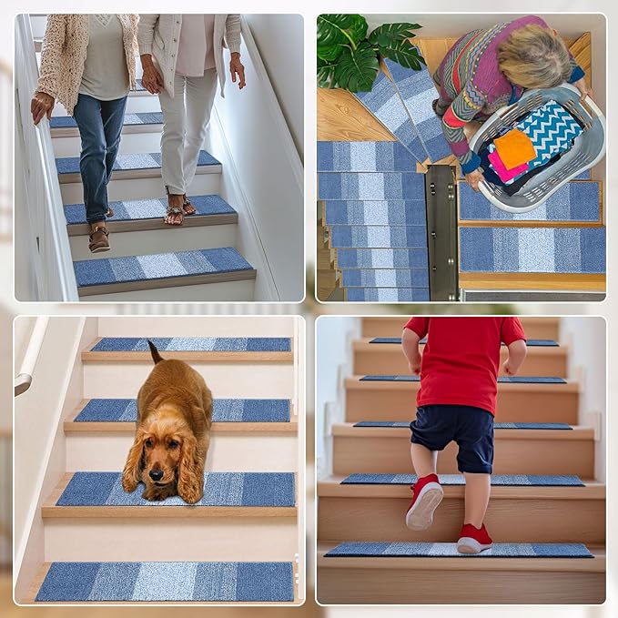 OLANLY Stair Treads Non Slip 15PCS, 8" x 30" Indoor Stair Runners for Wooden Steps, Edging Stair Rugs with Reusable Peel and Stick Adhesive for Kids Elders and Pets, Light Blue