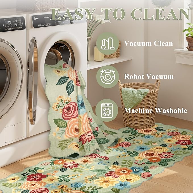 DUKINO 2x3 Entryway Rug, Floral Washable Indoor Door Mat with Non-Slip Backing, Soft Low Pile Small Front Door Throw Rugs for Entryway, Kitchen, Bedroom, Laundry, Bathroom, Green