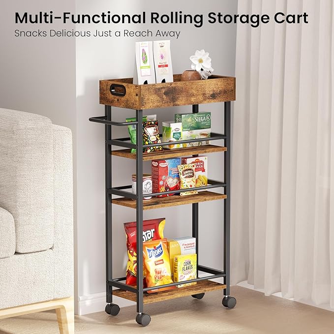 Slim Storage Cart, 4 Tier Rolling Cart with Handle, Rolling Carts with Wheels, Metal Frame Narrow Cart for Small Spaces for Kitchen, Dining Room, Bathroom, Laundry Room, Office
