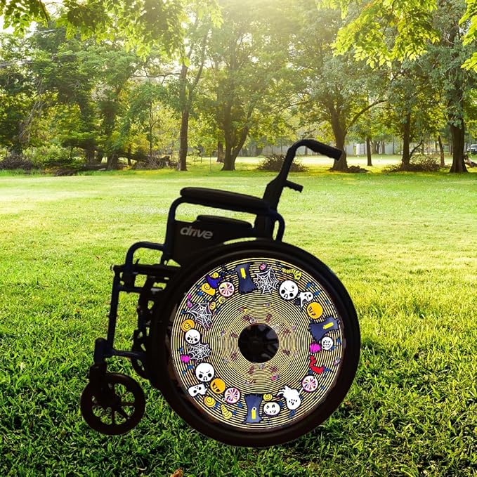 Designer Halloween Cover for Wheelchair Wheels for Adults & Kids, Skull and Spider Web Designs, Easy Install/Remove, Lightweight, (Halloween Fun)