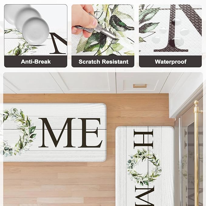 KIMODE Farmhouse Kitchen Mat 2PCS Anti Fatigue Kitchen Runner Rug Sets Non-Skid Waterproof Kitchen Floor Mat Cushioned Comfort Foam Standing Mat for Office,Laundry,Sink,Home