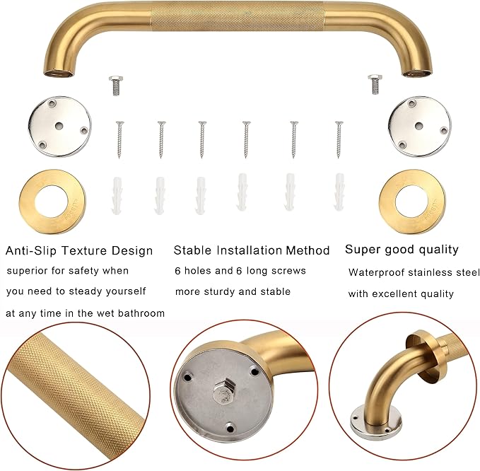 Shower Grab Bar, 2 Pack 32 Inch Gold Bathroom Grab Bar, 1.25" Diameter 304 Stainless Steel Anti-Slip Grab Bars for Bathtubs and Showers, Handicap Shower Grab Bar for Seniors Elderly