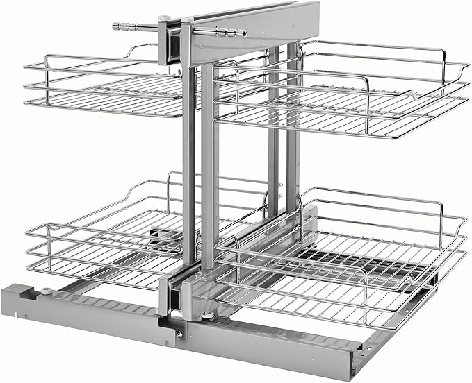 Rev-A-Shelf Dual Tier Pullout Shelf Storage Organizer for Blind Corner Kitchen or Bathroom Cabinets,15", 4 Shelves, Silver, 5PSP-15-CR