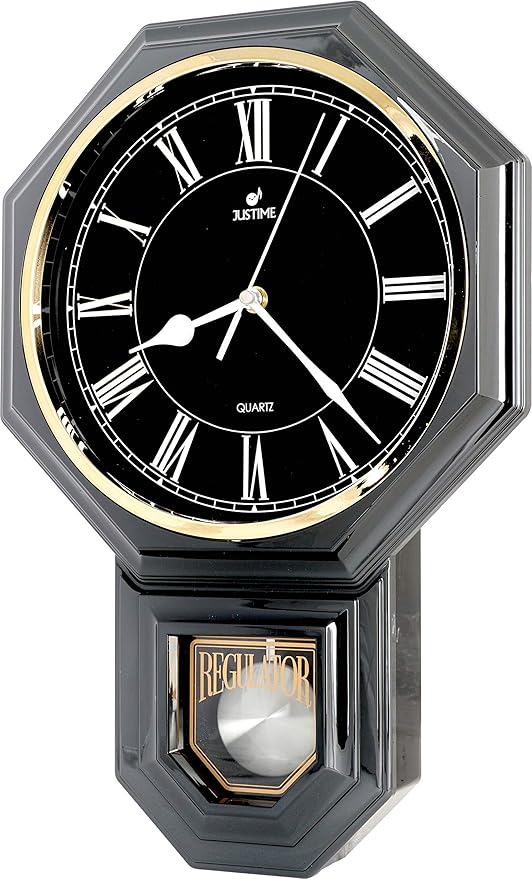 JUSTIME Traditional Schoolhouse Black & White Roman Regulator Wall Clock, Chiming Wall Clocks with Pendulum & Westminster Chime Hourly, Schoolhouse Wall Decor Battery Operated (Gun Metal)