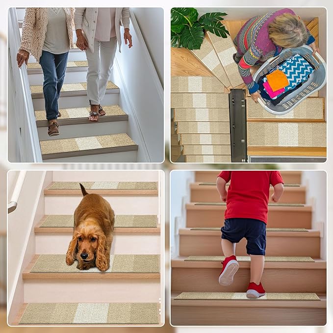 OLANLY Stair Treads Non Slip 15PCS, 8" x 30" Indoor Stair Runners for Wooden Steps, Edging Stair Rugs with Reusable Peel and Stick Adhesive for Kids Elders and Pets, Beige