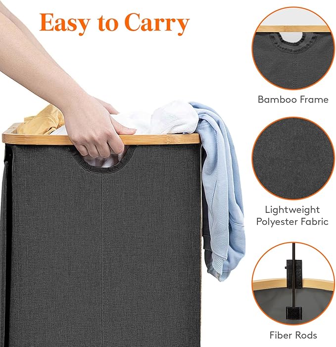 Lifewit 150L Laundry Basket with Lid, Clothes Hampers with Bamboo Handles and A Removable Laundry Bag, Large Foldable Hamper for Bedroom, Bathroom, Dorm, LaundryRoom, Dark Gray