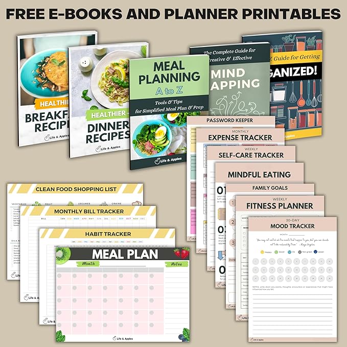 Life & Apples Meal Planner with Grocery List – Undated Weekly Menu & Meal Prep Notebook for Women & Men, Healthy Eating & Weight Loss Planner, 52-Week Spiral Bound Journal, Pineapples