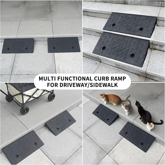 Rubber Curb Ramps for Driveway Sidewalks Shed Entry1.6 Inch Rise Height 2 Pack 19.68" L x 9.84" W Threshold Ramp for Cars Motorcycles Lawn Mowers 7000lbs Load Capacity