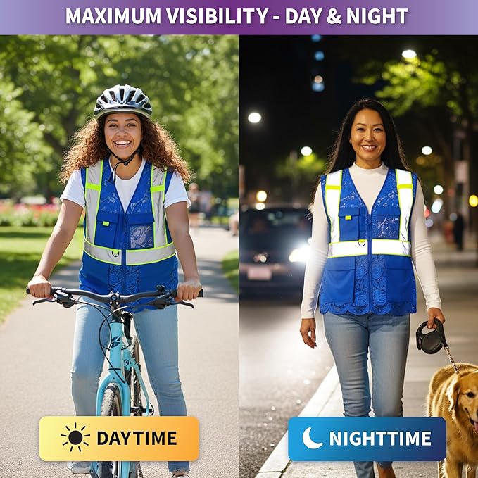 Lace-Mesh Safety Vest for Women & Men - Breathable, High Visibility Vest with Zipper & ANSI Class 2 Reflective Strips