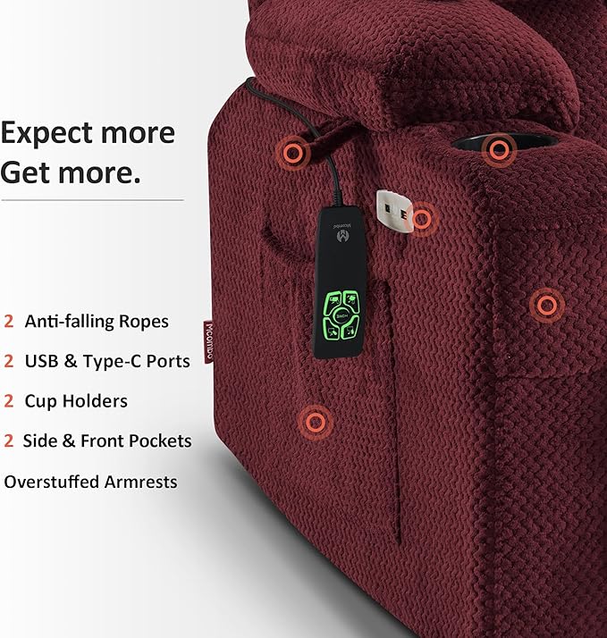 MCombo Dual Motor Power Lift Recliner Chair with Massage and Heat for Elderly People, Infinite Position, USB Ports, Cup Holders, Fabric 7890 (Medium, Burgundy)
