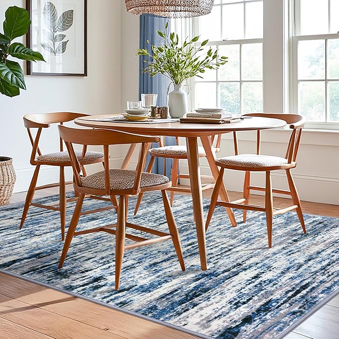 Modern Abstract 6x9 Machine Washable Living Room Rug Non-Slip Soft Bedroom Area Rug Grey Blue White Thin Print Faux Wool Floor Carpet Throw Rugs for Nursery Playroom Dining Room Indoor