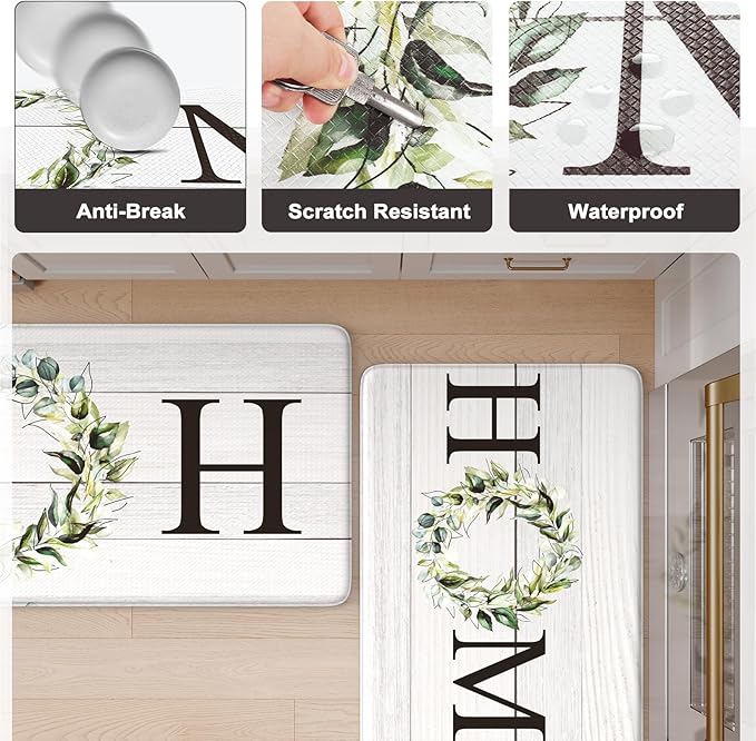 KIMODE Anti Fatigue Kitchen Rugs Sets of 2, Non Slip Waterproof Kitchen Mat, Farmhouse Kitchen Runner Rug, Ergonomic Standing Kitchen Mats for Floor 2 Piece, 20" x 59" + 20" x 32", White
