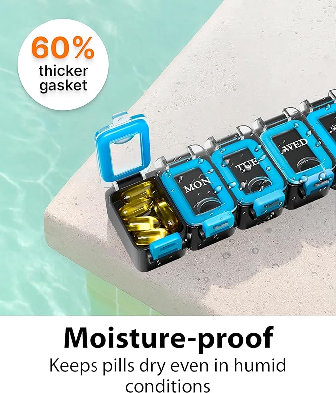 Weekly Pill Organizer 1 time a Day – Pill Box 7 Day with Enhanced Waterproof Seal, Large compartments Hold Big Vitamins & Supplements, Upgraded Locking lids, for Home & Travel use, Durable Hard case