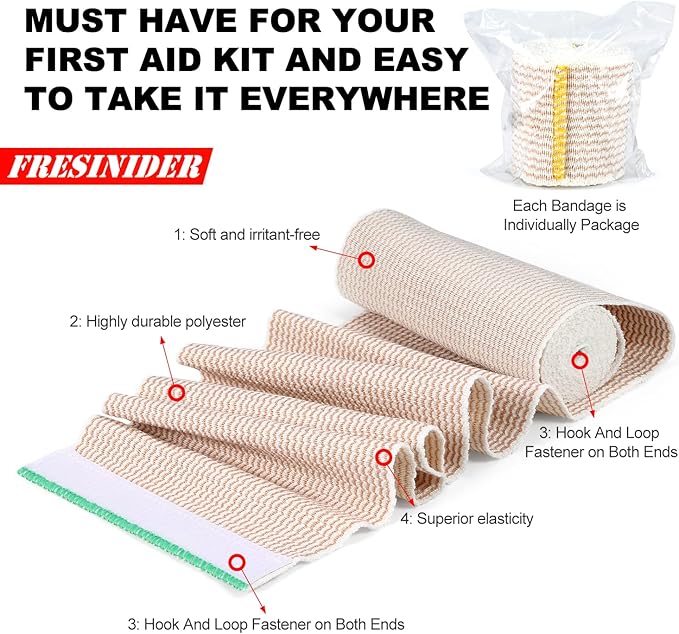 FRESINIDER Premium Elastic Bandage Wrap, 12 Pack 2" × 4.5 Yards (13.5 ft) Cotton Latex Free Compression Wrap with Touch Closure at Both Ends, Support & First Aid for Sports, and Injury Recovery