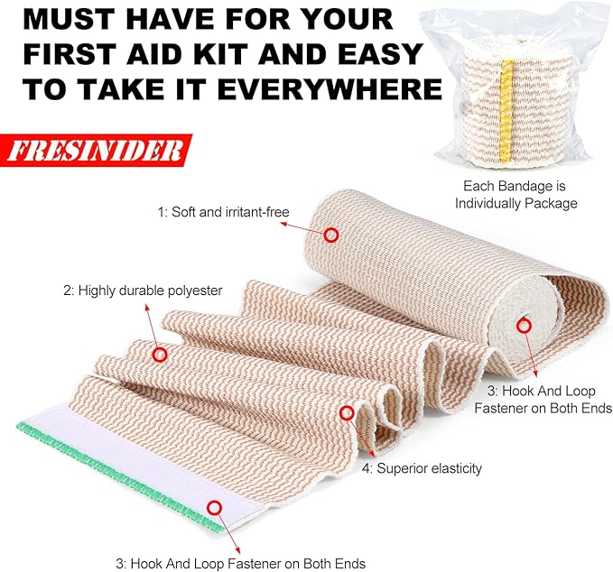 FRESINIDER Premium Elastic Bandage Wrap, 6 Pack 4" Cotton Latex Free Compression Bandage Wrap with Touch Closure at Both Ends, Support & First Aid for Sports, Medical, and Injury Recovery