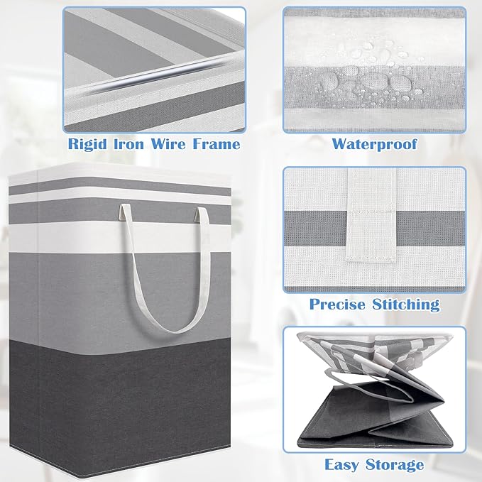 BlissTotes 3-Pack Laundry Basket, Freestanding＆Waterproof Laundry Hamper, Collapsible Tall Clothes Hamper with Easy Carry Handles for Clothes, Towels in the Family and Dorm,Gradient Grey,100L