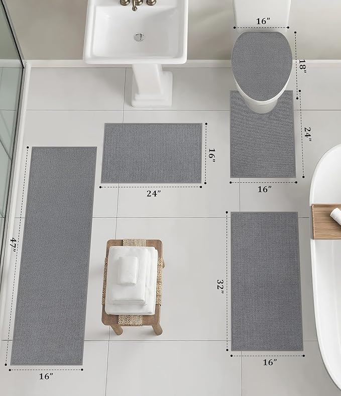 YIHOUSE Bathroom Rugs Mats Sets 5 Pieces Gray, Ultra Thin Bath Mat Absorbent Non Slip Bath Rugs for Bathroom Washable, Shower, Sink, Laundry (Gray, 5 Pieces)