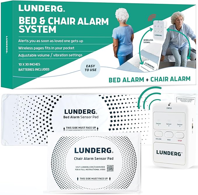 Lunderg Bed Alarm for Elderly Adults & Chair Alarm Set - Wireless Bed Sensor Pad (10” x 30”), Chair Sensor Pad & Pager - Alarms and Fall Prevention for Seniors & Dementia Patients - Full Caregiver Set