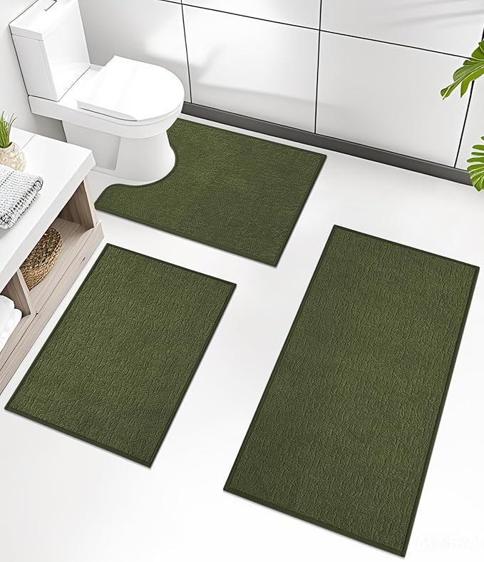 Chakme 3 Piece Bathroom Rug Sets, Ultra Thin Bath Mat, Absorbent & Quick Drying, Non Slip, Durable, Easy to Clean, Geometric, Dark Green, 17" x 24" / 17" x 30" / 17" x 59"